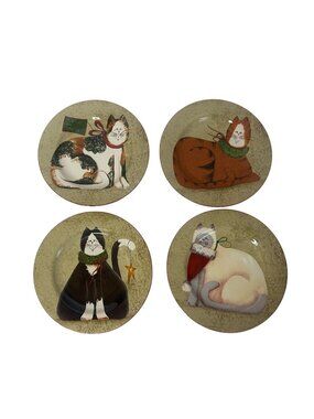 Set of 4 Vintage Sakura Christmas Cats Fiddlestix Holiday Dinner Plates